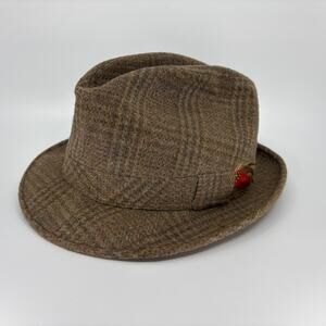 Adam New York Wool Tweed Fedora Hat Size 7 1/8 Brown Plaid Feather